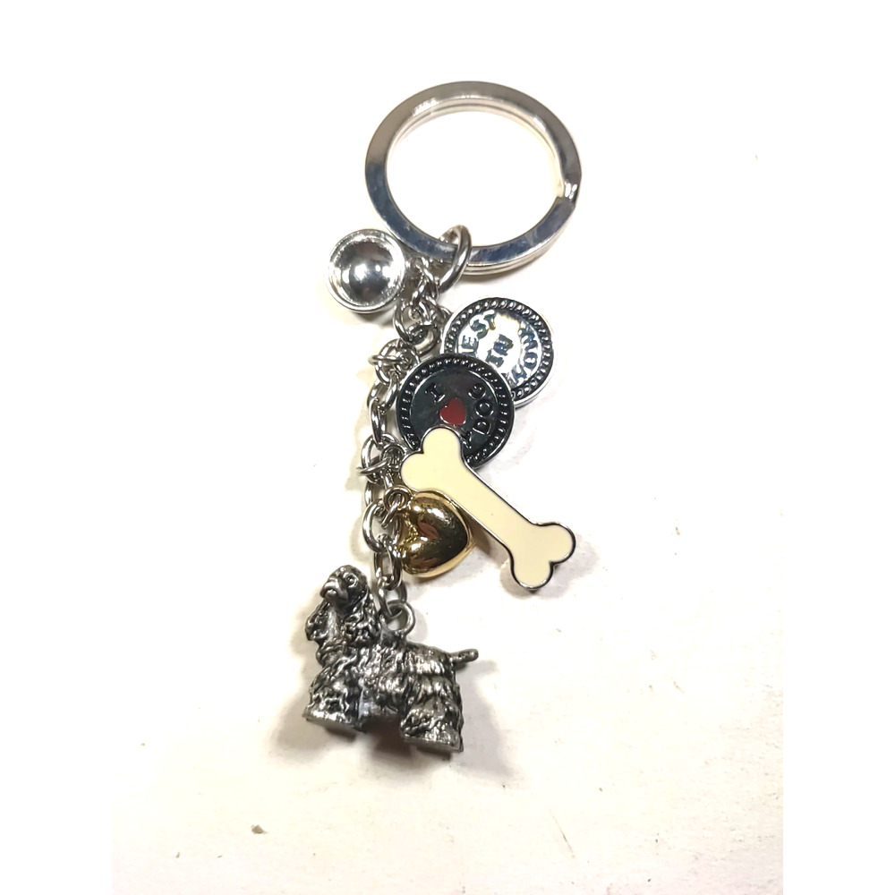 Dog Keychain Cocker Spaniel Bone Bowl Silver Tone - Picture 2 of 7